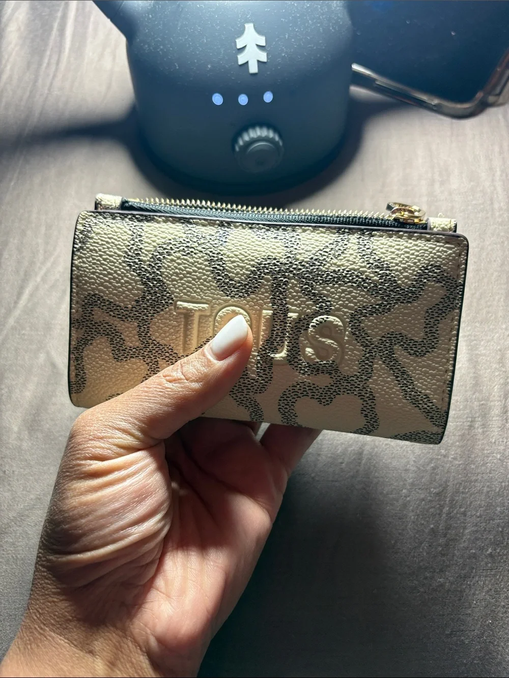 TOUS Cream Wallet with Gray Monogram Pattern